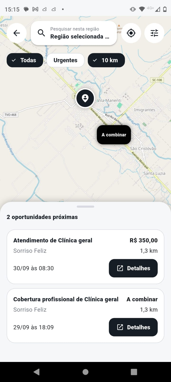 Tela real do Dente.On: mapa de oportunidades próximas com filtros e atendimentos disponíveis